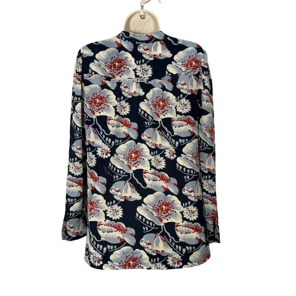 Tory Burch Navy Blue Floral‎ Print Silk Blouse Size 6